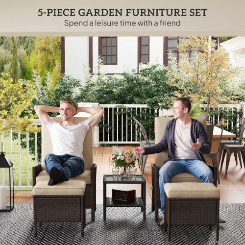 Outsunny 5 Piece Rattan Garden Furniture Set, Wicker Patio Sofa Set With 2 Armchairs, 2 Footstools, Glass Top Coffee Table With Shelf, Outdoor Furniture With Adjustable Backrests, Cushions, Khaki Outdoor Garden Patio Furniture