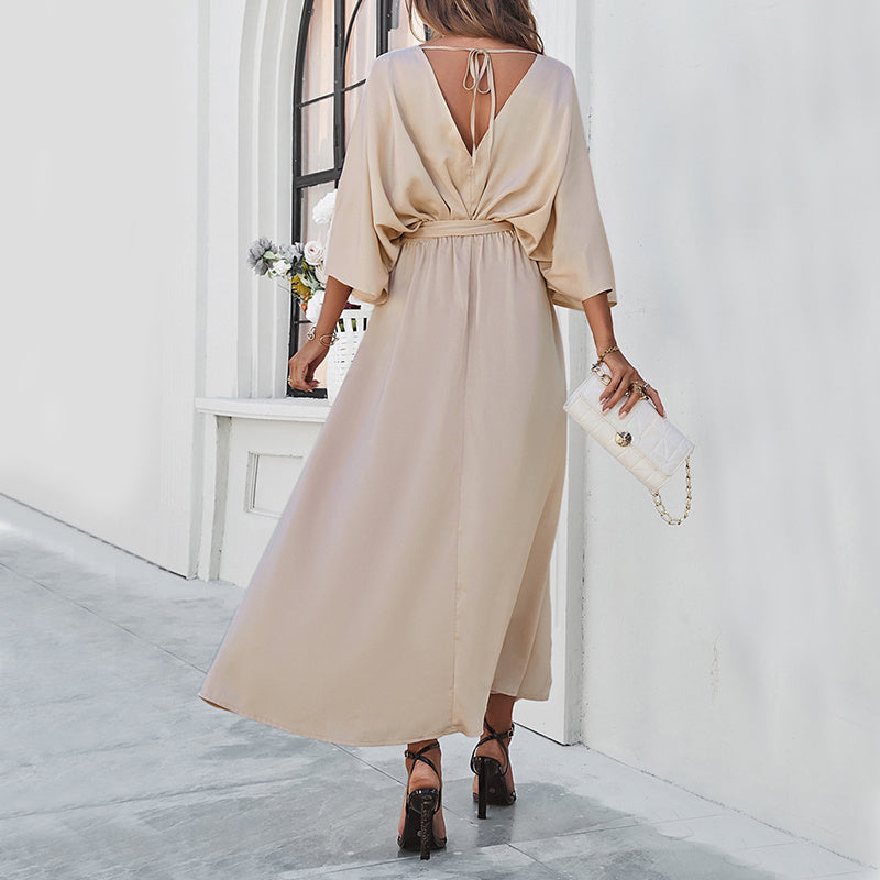 Fashion Bat Sleeve Long-sleeved V-neck Dress With Split Design Temperament Loose High Waist Lace-up Long Dresses Women's Garments Apparel / Clothing