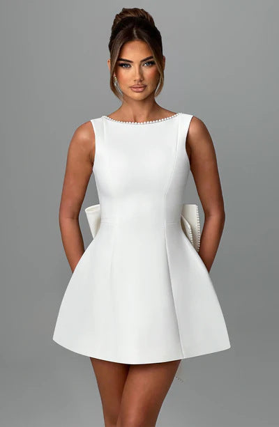 Fashion Big-Bowed Pearls Backless Dress Summer Slim Sleeveless A-line Dresses For Party Evening Women's Garments Apparel / Clothing