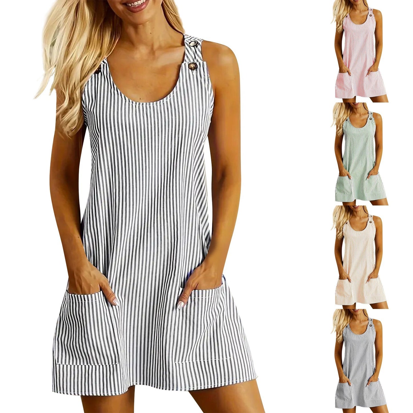 Summer Fashion Striped Patchwork Commuting U-Neck Sleeveless Pockets Back Button Casual Straight Slimming Mini Dress For Women's Garments Apparel / Clothing