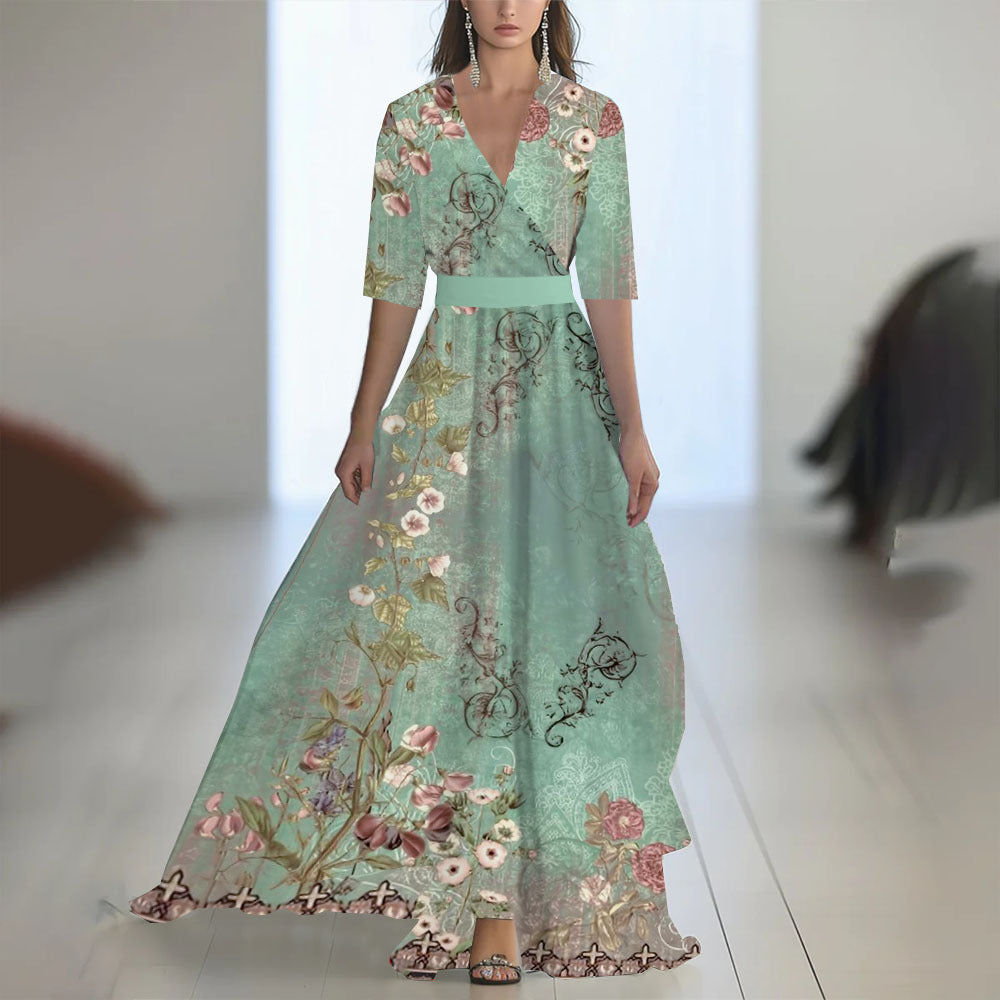 Printed Long Sleeved V-neck Patchwork Dress Women's Garments Apparel / Clothing