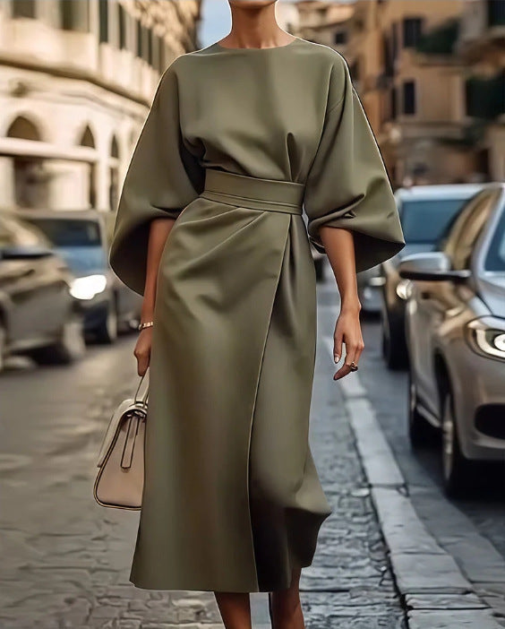 Loose Batwing Sleeve Dress Fashion Waist-tighted Solid Color Elegant Dresses For Women's Garments Apparel / Clothing