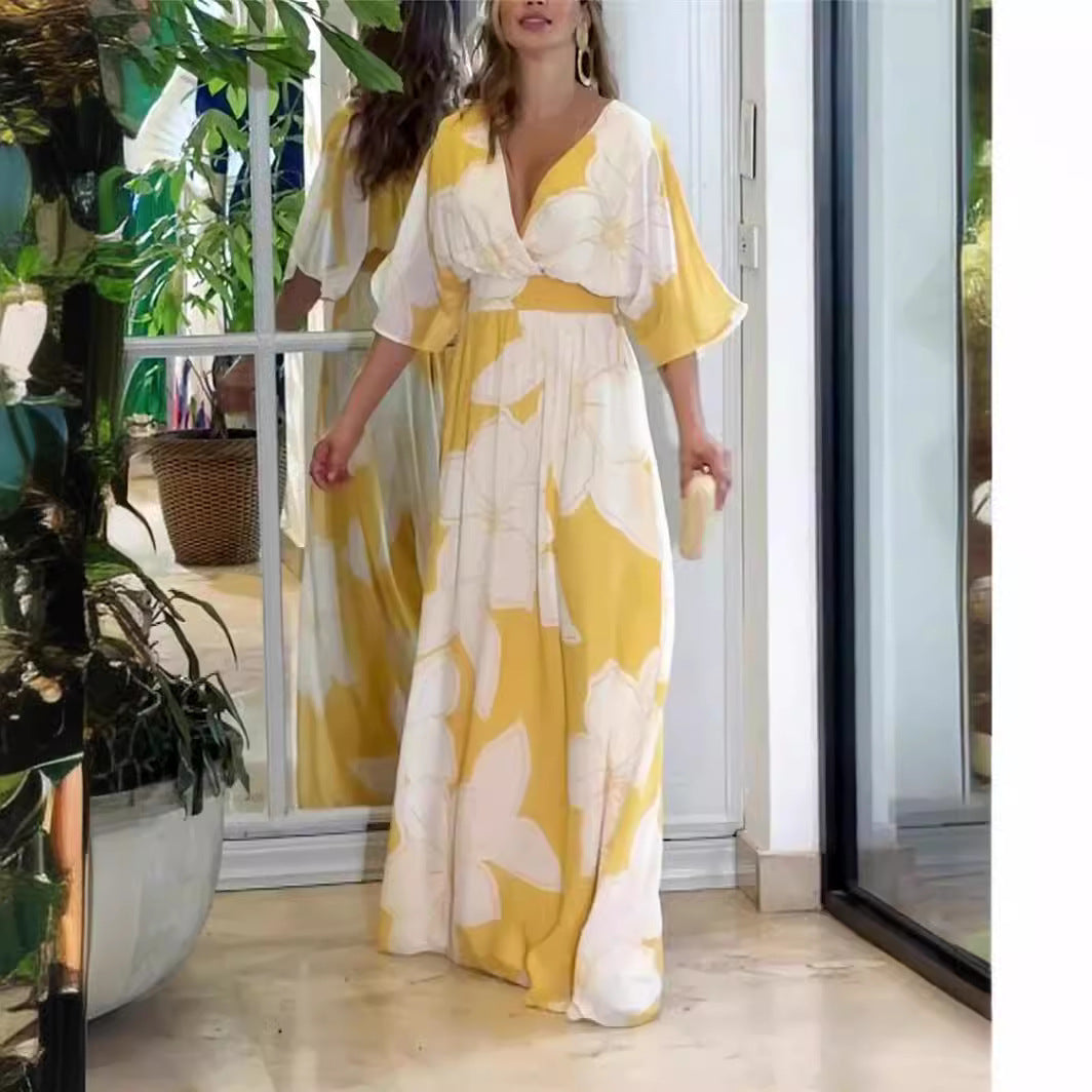 Flower Printed V-neck Batwing-sleeved Dress Fashion Elegant Backless Long Dresses Women's Garments Apparel / Clothing