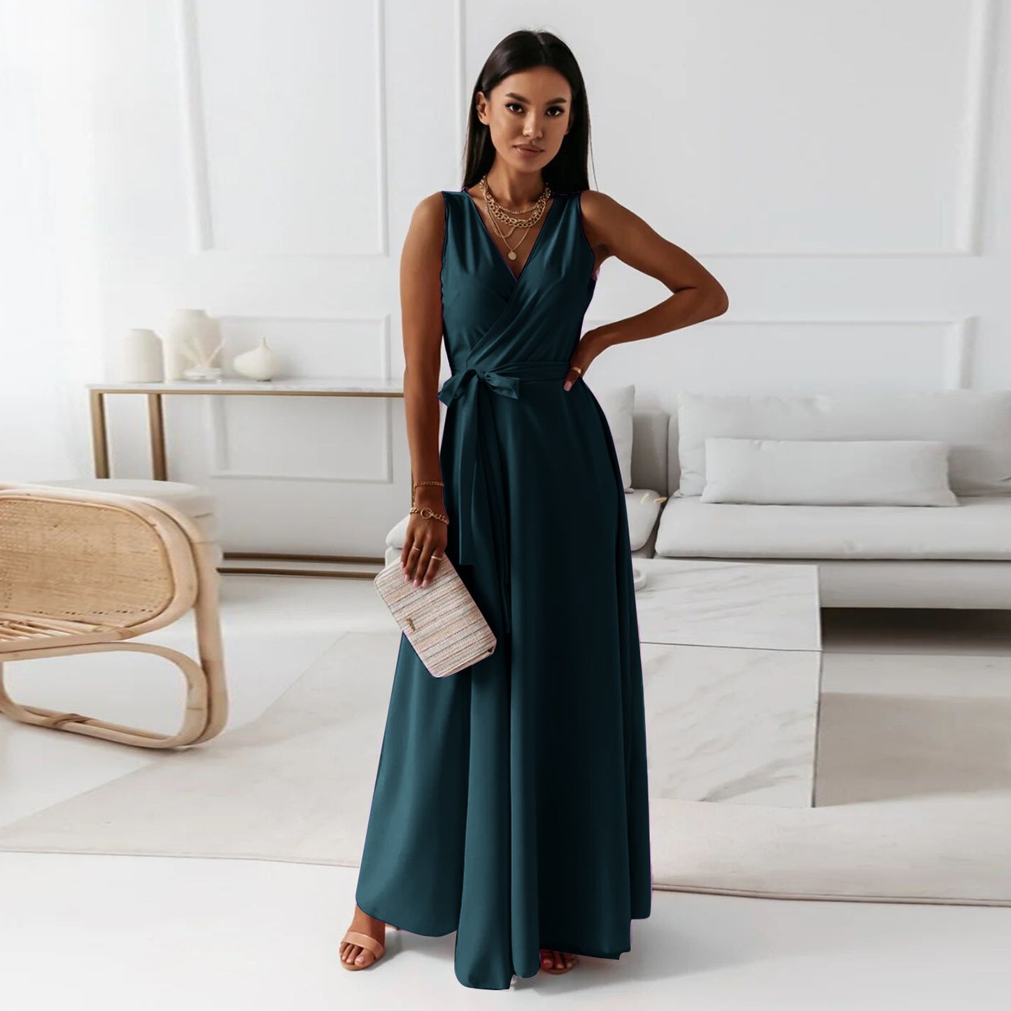 V-neck Sleeveless Dress With Belt Summer Fashion Party Club Evening Maxi Dresses For Women's Garments Apparel / Clothing