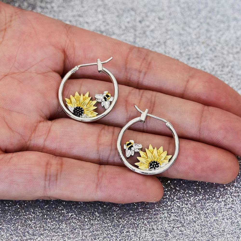 Sunflower Bee Round Ring Earrings Color Meiko Jewelry & Accessories