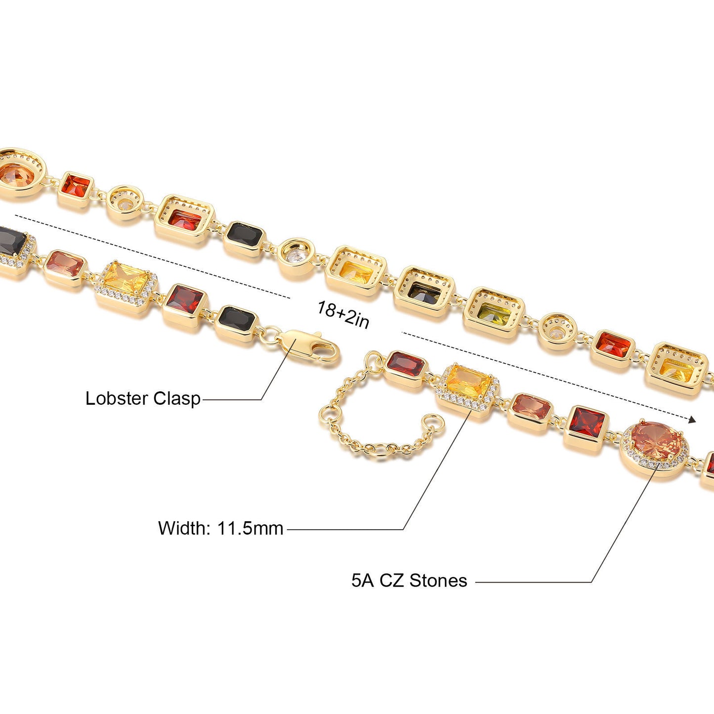 USA Stock Gorgeous Mixed Gemstone Tennis Chain 5A CZ Gem 18K Gold Plated Vintage Multi Colored Jewelry Necklace For Women Men