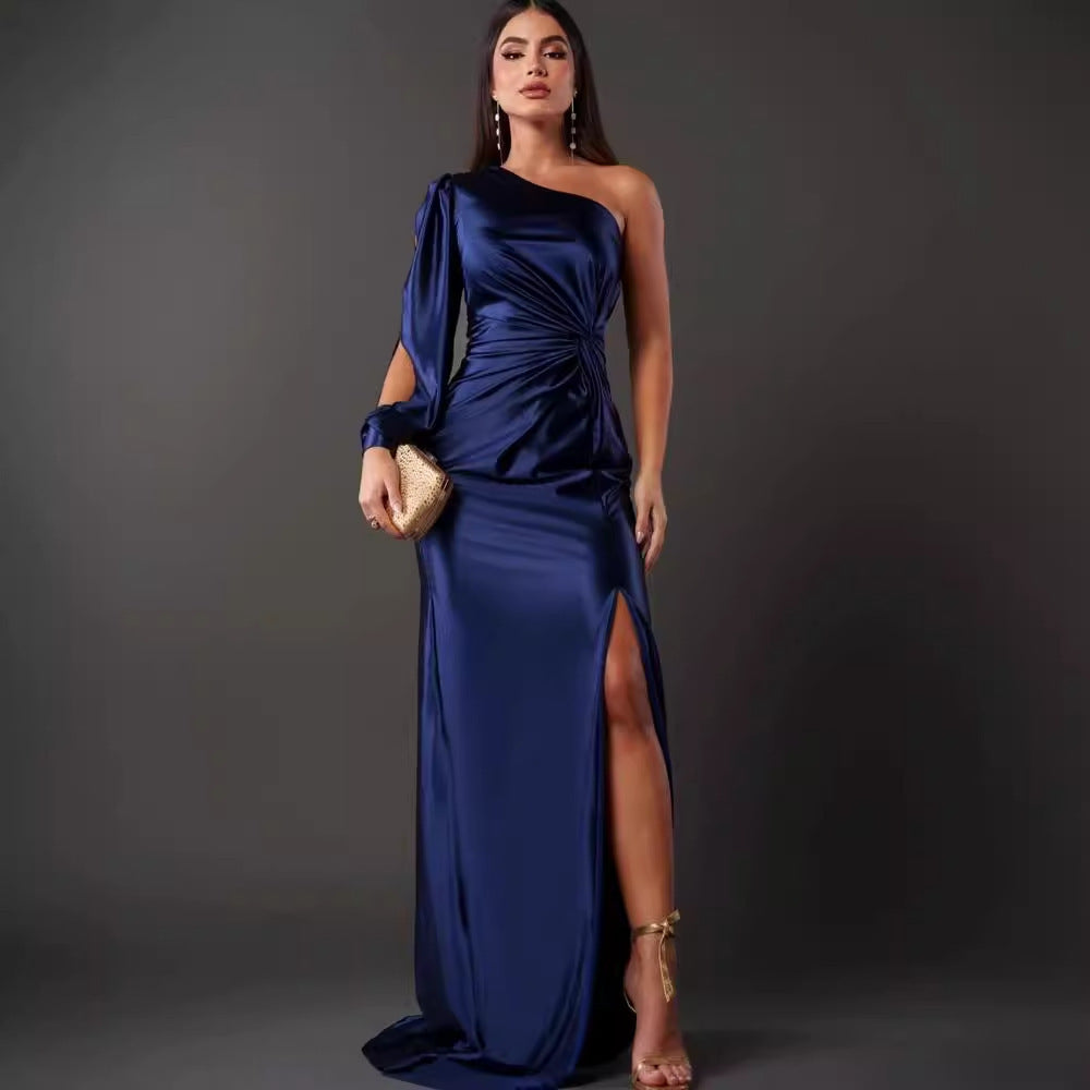 Women's One-shoulder Split Dress Ins Fashion Long-sleeved Slim Long Dresses Party Evening Women's Garments Apparel / Clothing