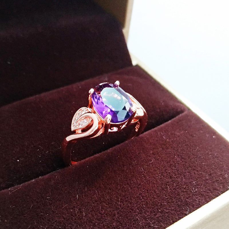 Quality Ear Hook Purple Gemstone Diamond Ring Rose Gold Collarbone Necklace Set Jewelry/Accessories