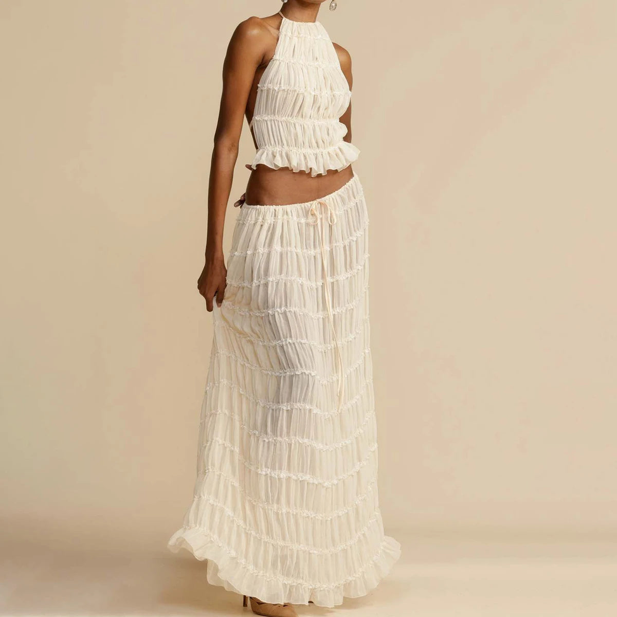 2pcs Women's Dress Suit Sexy Sleeveless Backless Cropped Halter Top And Pleated Long Skirt Beach Women's Garments Apparel / Clothing