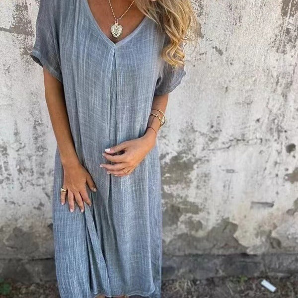 Women's Fashion Temperament Cotton Linen V-neck Semi-formal Dress Women's Garments Apparel / Clothing