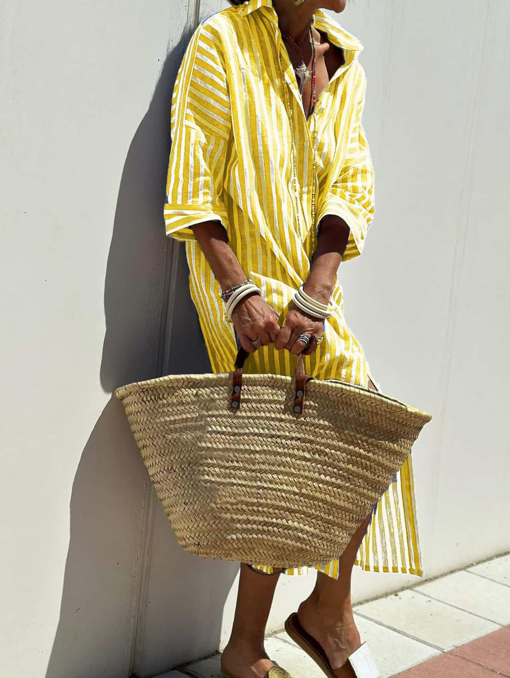 Striped Shirt Dress With Belt Fashion Half-sleeved Lapel Button Cardigan Dresses Women's Garments Apparel / Clothing