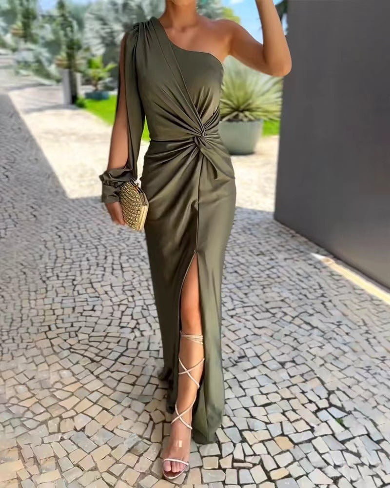 Women's Diagonal Shoulder Knot Split Solid Color Slim Fit Dress Women's Garments Apparel / Clothing
