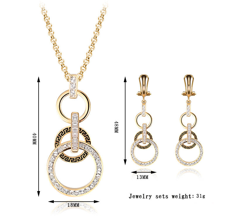 Women’s Zircon Necklace & Earrings Set, Roman Circle Design, 18K Gold Jewelry Accessories