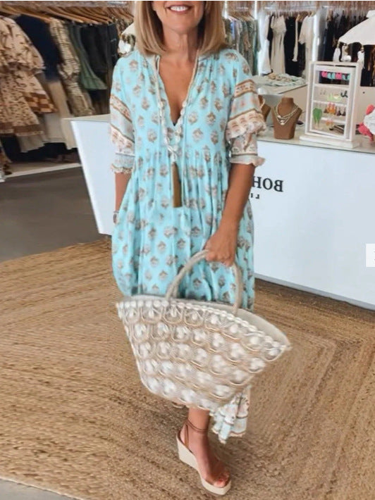 Summer Bohemian Print Lantern-Sleeved Dress Fashion Loose V-Neck Ruffle Long Dress Beach Clothing For Women's Garments Apparel / Clothing