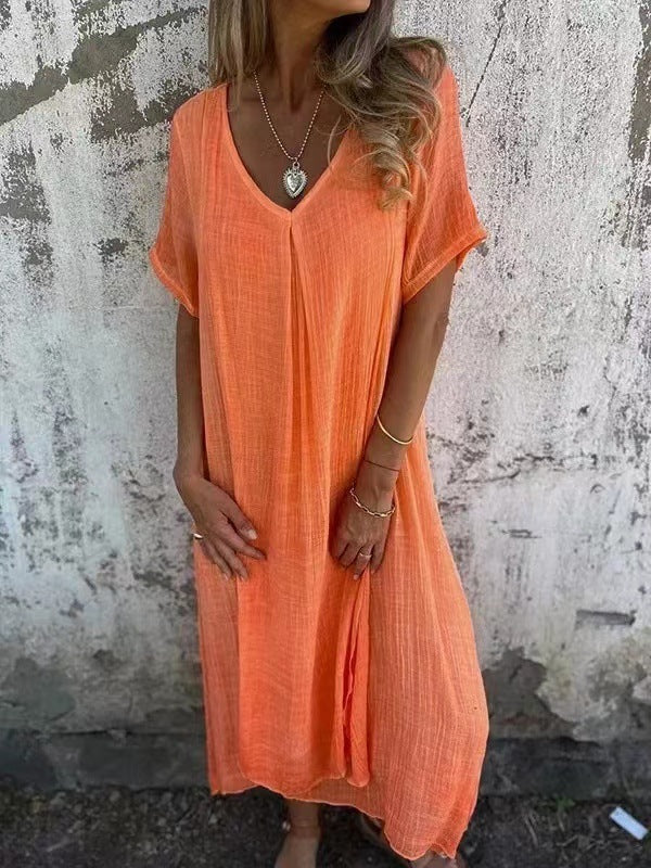 Women's Fashion Temperament Cotton Linen V-neck Semi-formal Dress Women's Garments Apparel / Clothing