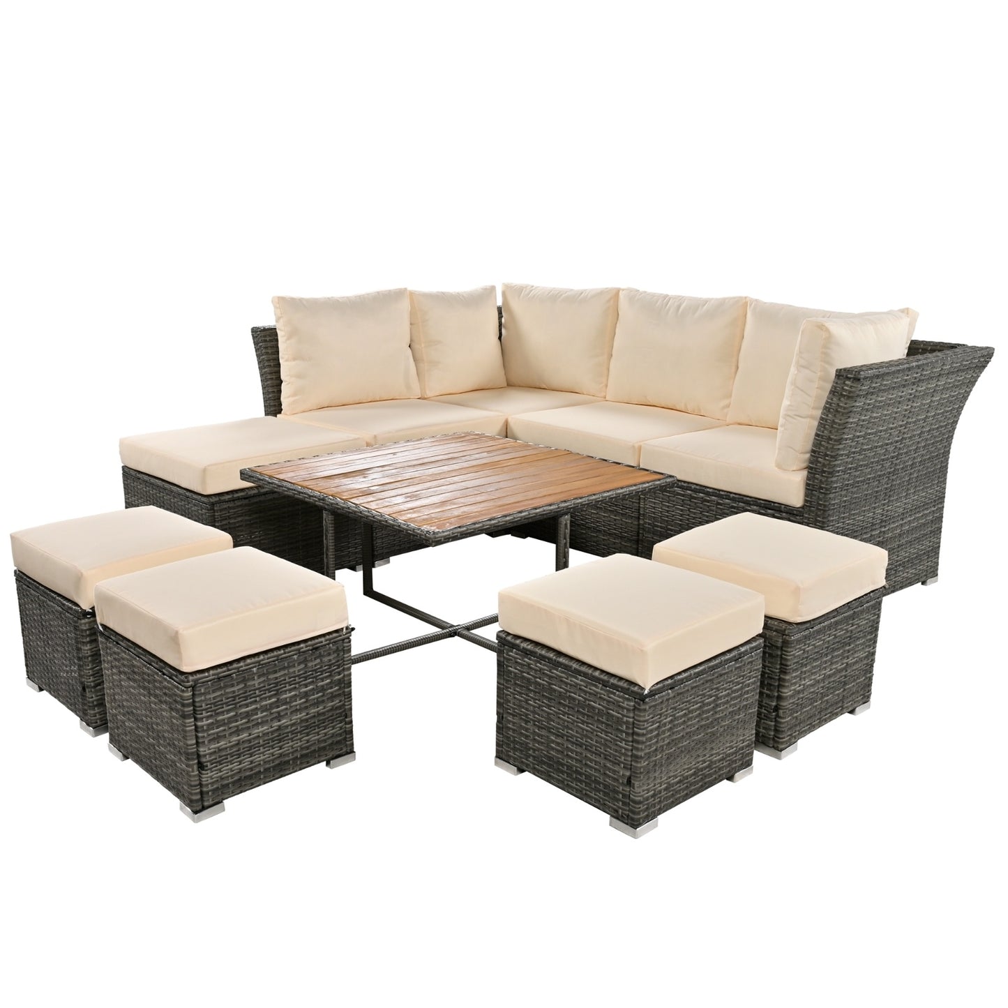 U STYLE Patio Furniture Set 10 Piece Outdoor Conversation Set CoffeeTable With Ottomans Solid Woo