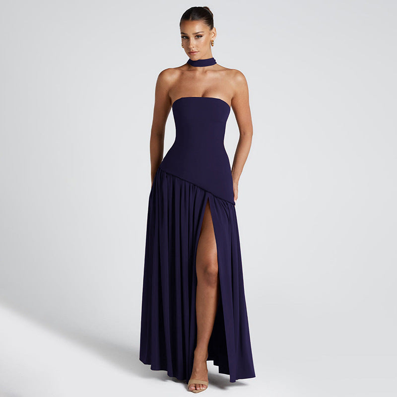 Pure Color Split Backless Elegant Streamer Dress Women's Garments Apparel / Clothing