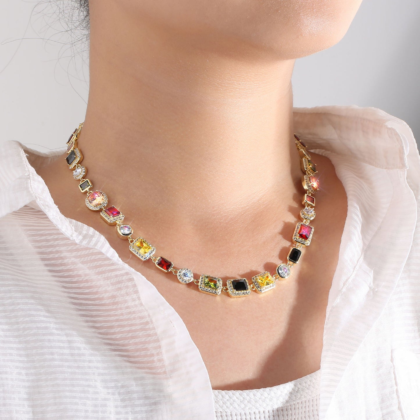 USA Stock Gorgeous Mixed Gemstone Tennis Chain 5A CZ Gem 18K Gold Plated Vintage Multi Colored Jewelry Necklace For Women Men