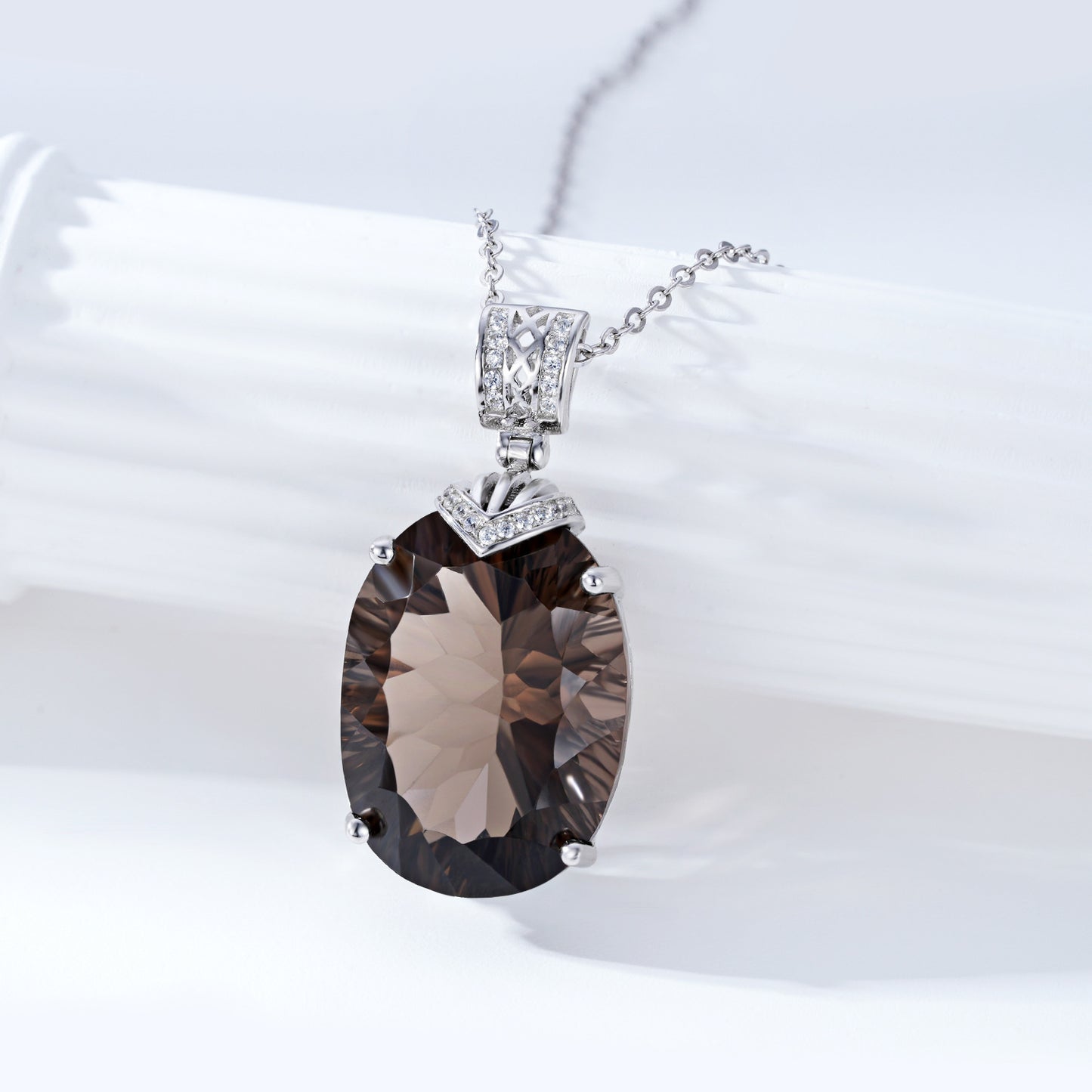 Luxury And High-grade Natural Tea Crystal Pendant Fashionable Design S925 Silver Inlaid Egg Shaped Gem Necklace Jewelry/Accessories