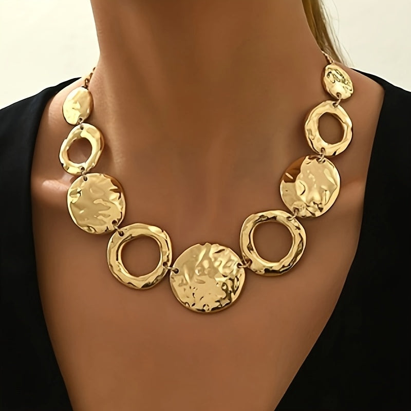 Lxalry Hammered Texture Geometric Gold Necklace, Handmade Layered Statement Jewelry For Women, Modern Artisan Gift For Elegant Everyday & Evening Outfits Jewelry/Accessories