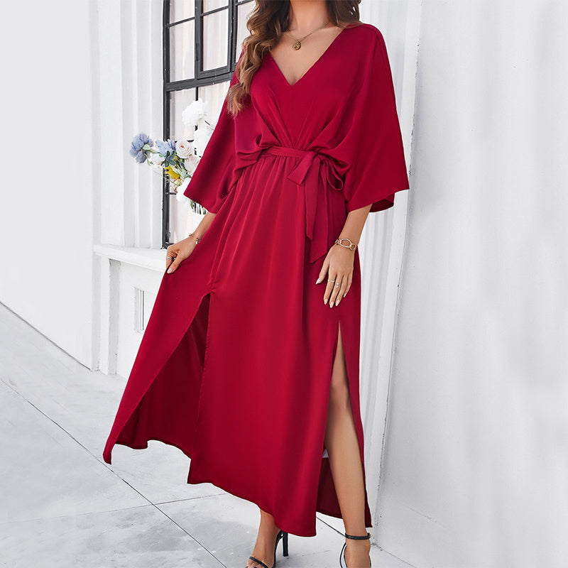 Fashion Bat Sleeve Long-sleeved V-neck Dress With Split Design Temperament Loose High Waist Lace-up Long Dresses Women's Garments Apparel / Clothing