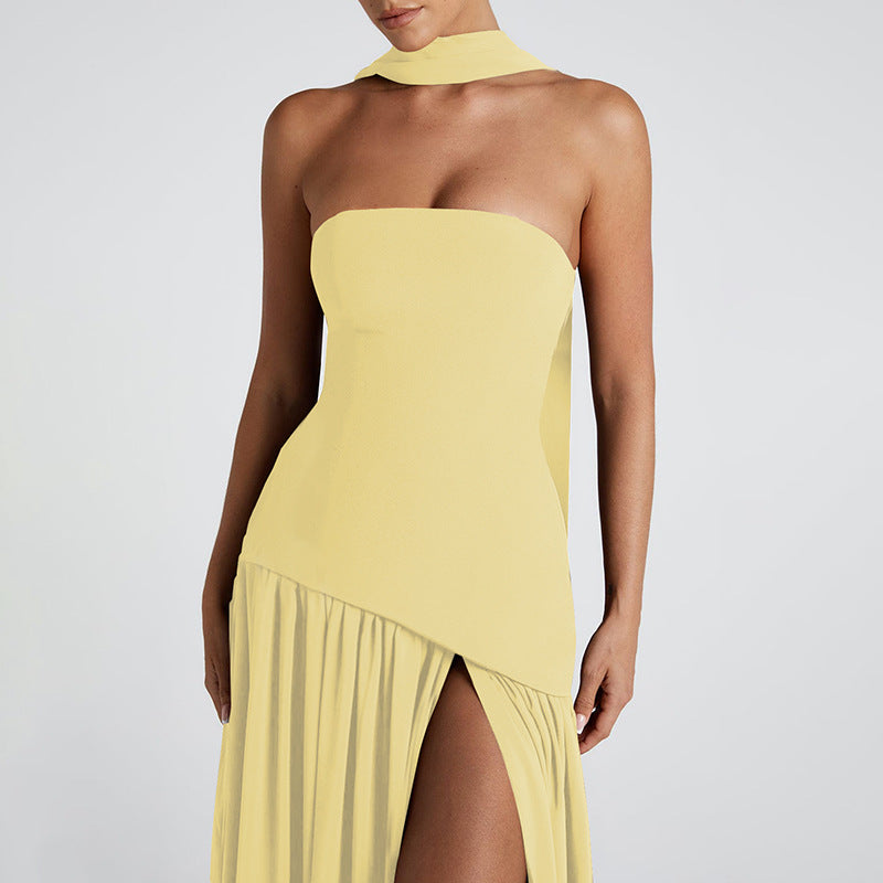 Pure Color Split Backless Elegant Streamer Dress Women's Garments Apparel / Clothing