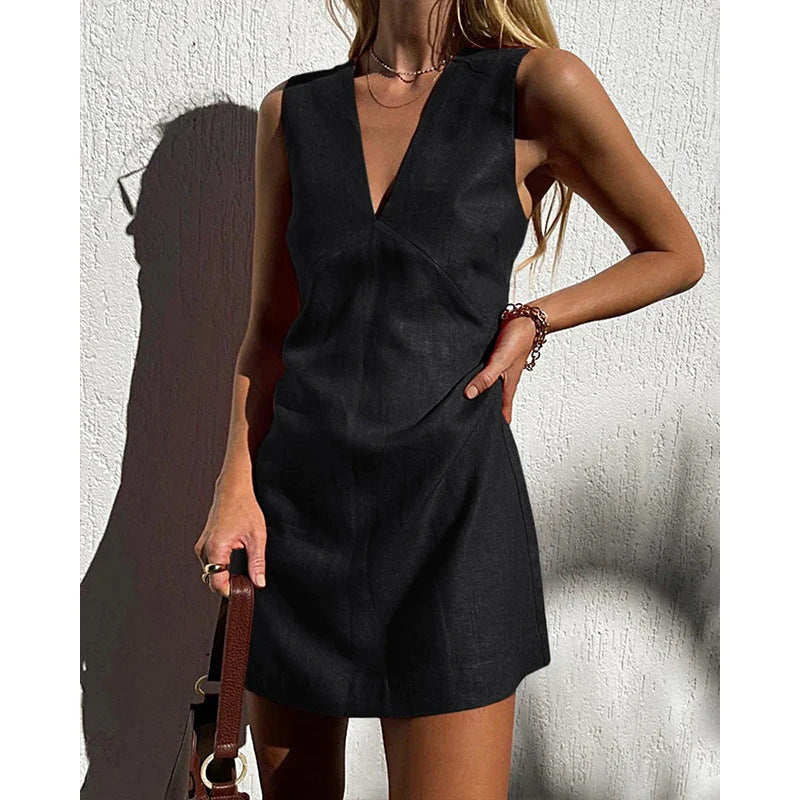 V-neck Cotton And Linen Sleeveless Dress Women's Solid Color Vest Short Skirt Women's Garments Apparel / Clothing