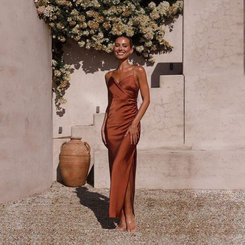 Spaghetti Straps Sleeveless Slit Slim-fitting Dress Women's Garments Apparel / Clothing