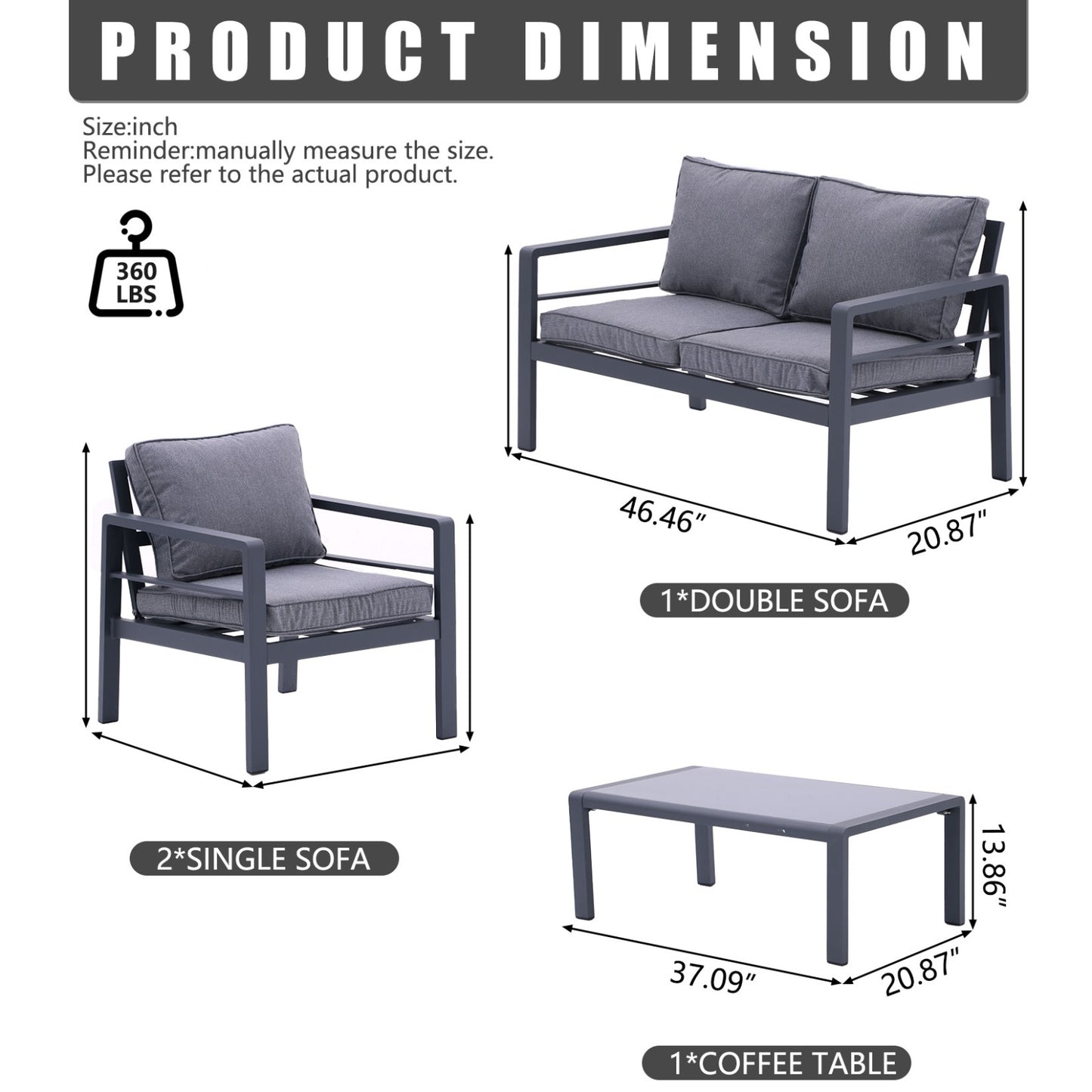 4-piece Aluminum Outdoor Patio Conversation Set,All-Weather Sectional Sofa Outside Furniture With R