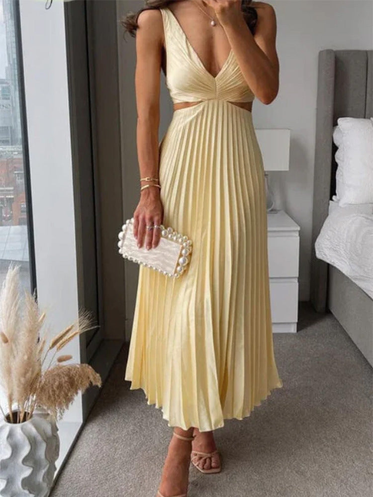 Ins Suspender Pleated Long Dress With Hollow-waisted Design Fashion V-neck Backless Dresses Summer Women's Garments Apparel / Clothing