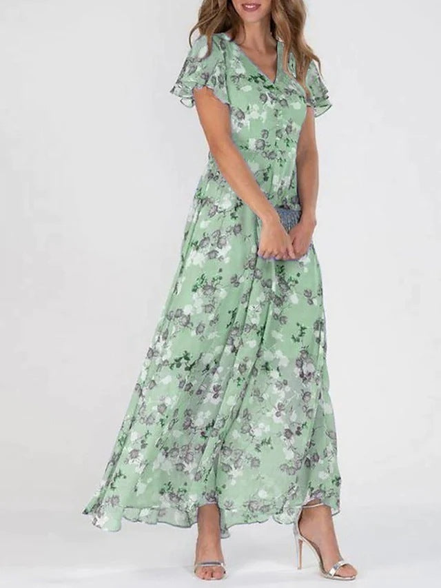 Flowers Print Short Sleeve Dress Summer Fashion Ruffle Beach Dresses Women's Garments Apparel / Clothing