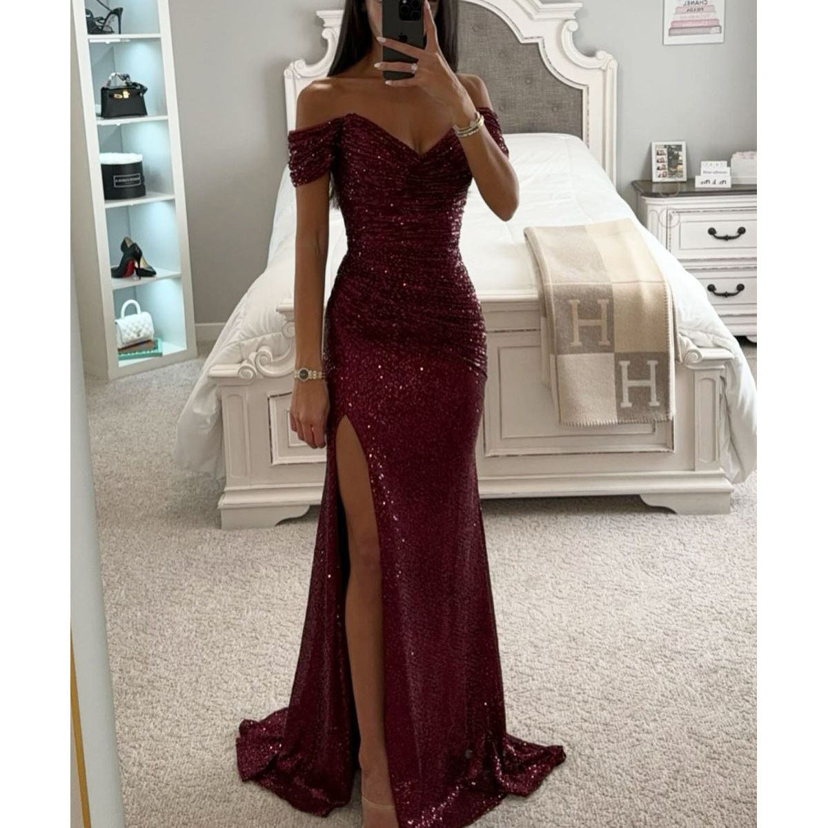 Party Sequins Off-neck Split Dress INS Casual Fashion Dress Women's Garments Apparel / Clothing