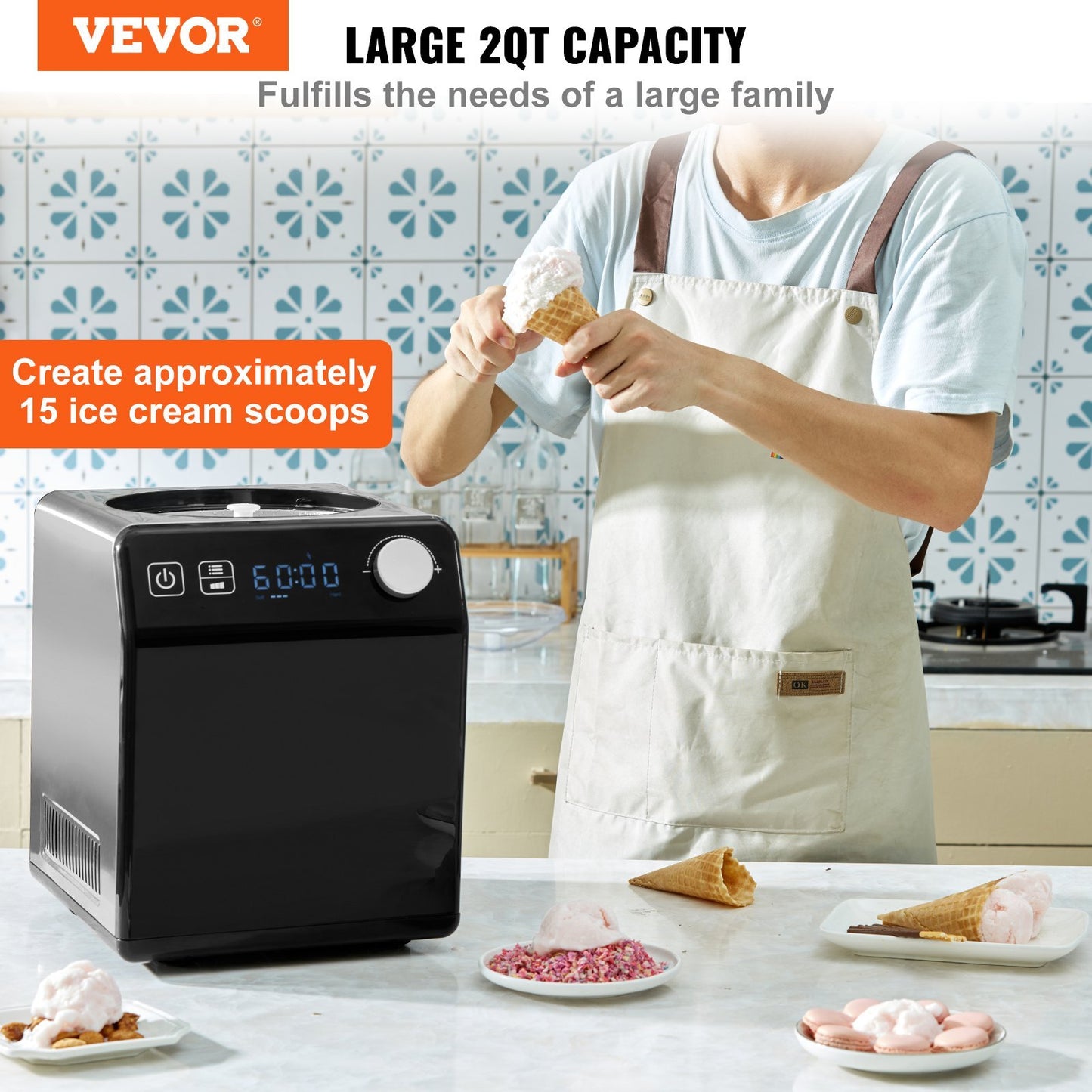 Upright Automatic Ice Cream Maker With Built-in Compressor, 2 Quart No Pre-freezing Fruit Yogurt Machine, Stainless Steel Electric Sorbet Maker, 4 Modes Gelato Maker With Digital Display Timer Home Essentials
