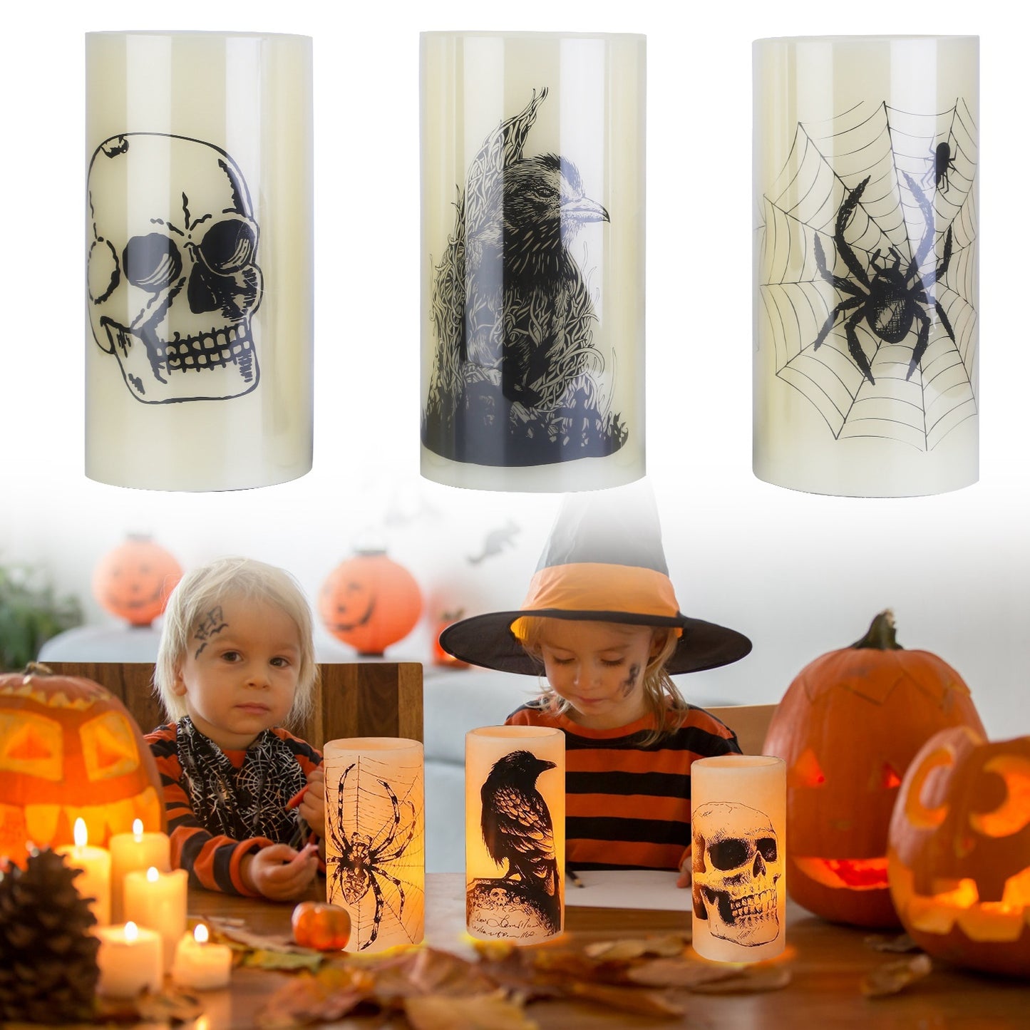 3 Pack Halloween Flameless Candle Lamp With Timer Setting Battery Operated Warm Orange Light Candles For Halloween Party Decoration Home Ornaments