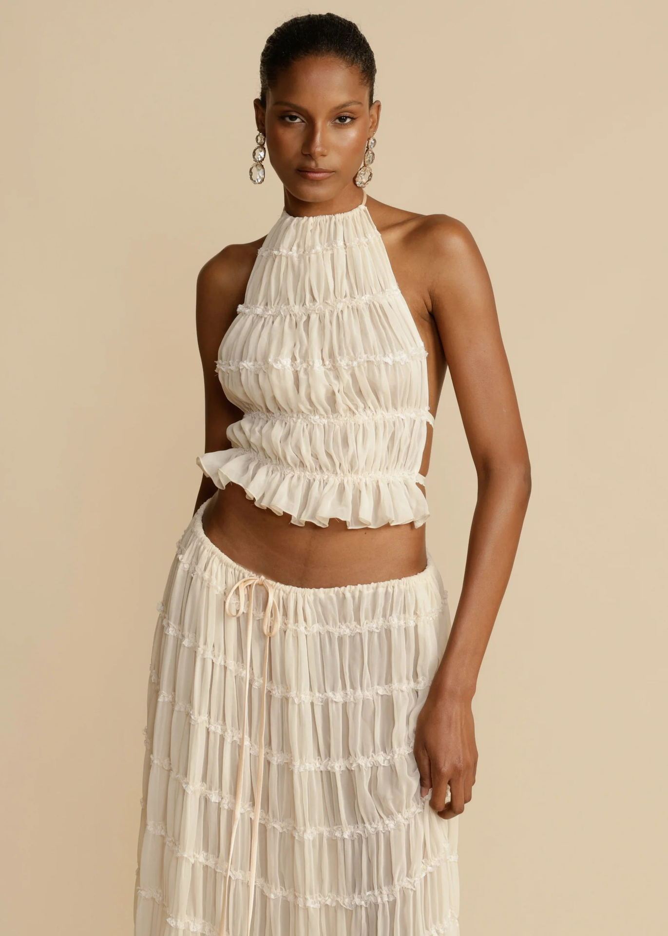 2pcs Women's Dress Suit Sexy Sleeveless Backless Cropped Halter Top And Pleated Long Skirt Beach Women's Garments Apparel / Clothing