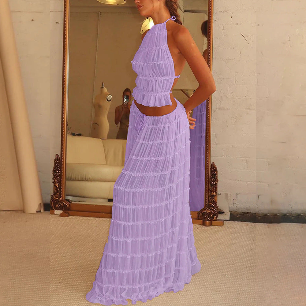 2pcs Women's Dress Suit Sexy Sleeveless Backless Cropped Halter Top And Pleated Long Skirt Beach Women's Garments Apparel / Clothing