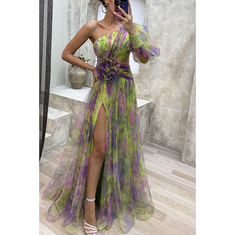 Mesh Tie-dye Printed Off-shoulder Slit Dress Summer INS Fashion Long Dress Party Women's Garments Apparel / Clothing