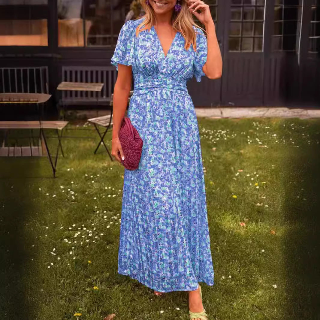 Printed Waist-controlled V-neck Dress Women's Garments Apparel / Clothing