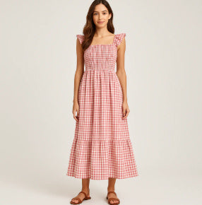 Summer Plaid Print Pleated Ruffle Dress INS Fashion Sleeveless A-line Swing Beach Dress Women's Garments Apparel / Clothing