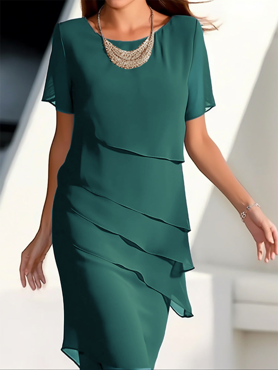 Women's Dress Chiffon Patchwork Round Neck Short Sleeve Women's Garments Apparel / Clothing