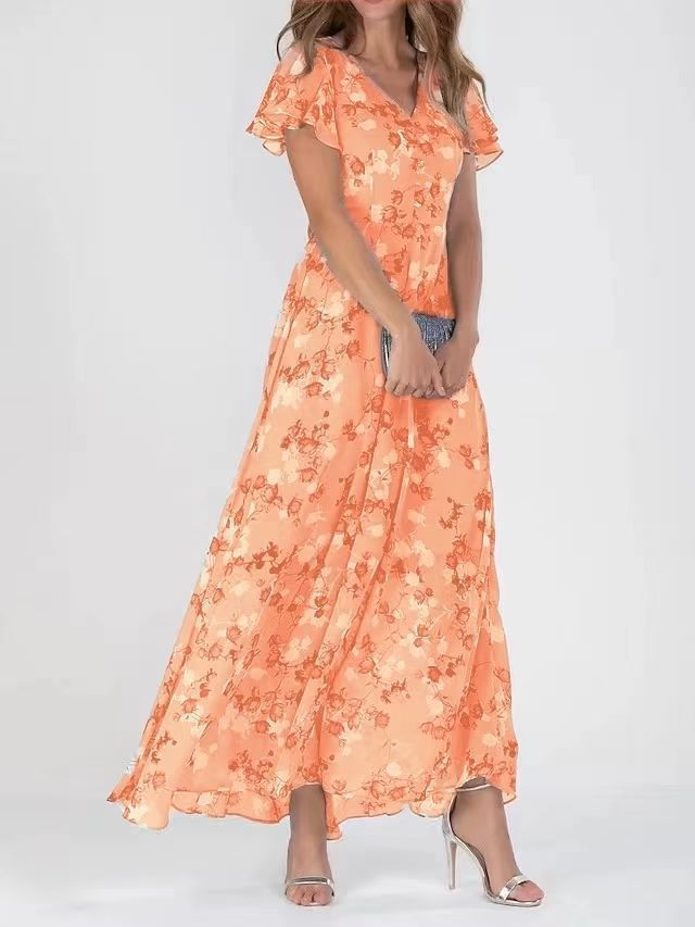 Flowers Print Short Sleeve Dress Summer Fashion Ruffle Beach Dresses Women's Garments Apparel / Clothing