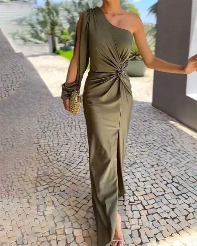 Women's Diagonal Shoulder Knot Split Solid Color Slim Fit Dress Women's Garments Apparel / Clothing