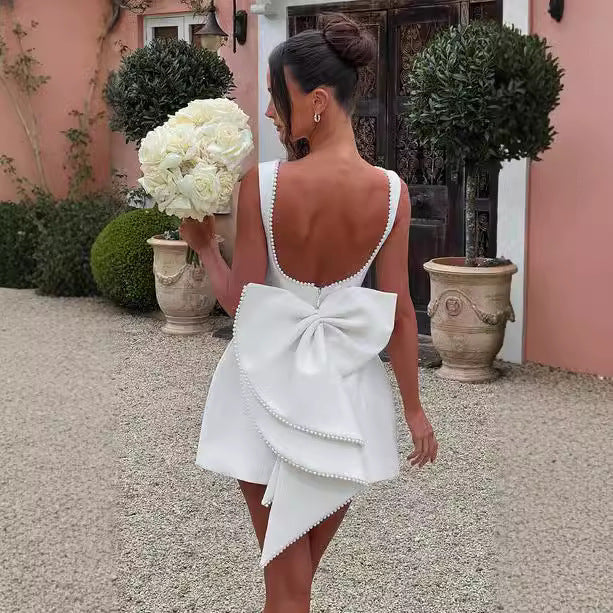 Fashion Big-Bowed Pearls Backless Dress Summer Slim Sleeveless A-line Dresses For Party Evening Women's Garments Apparel / Clothing