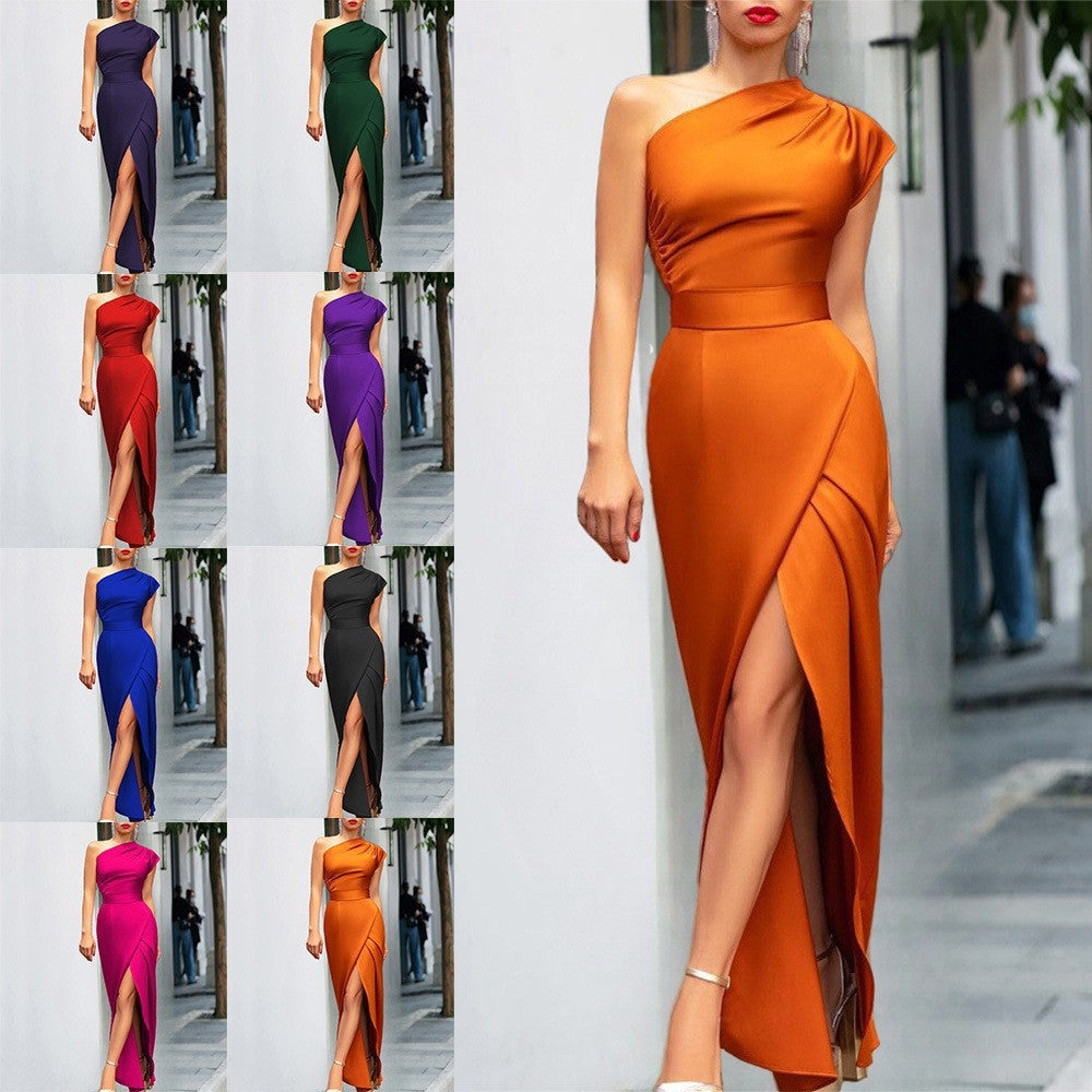 Women's One-shoulder High Waist Front Slit Temperament Dress Women's Garments Apparel / Clothing