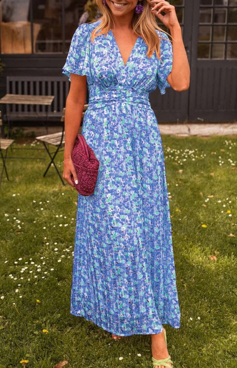 Printed Waist-controlled V-neck Dress Women's Garments Apparel / Clothing
