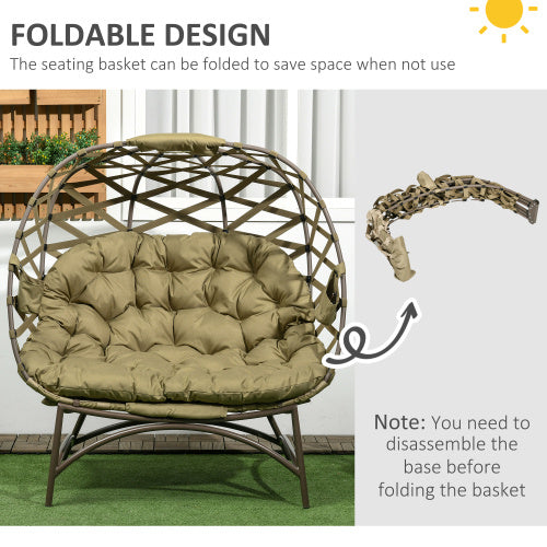 Outsunny 2 Seater Egg Chair Outdoor, Folding Weave Garden Furniture Chair With Cushion, Cup Pockets - Khaki Outdoor Garden Patio Furniture