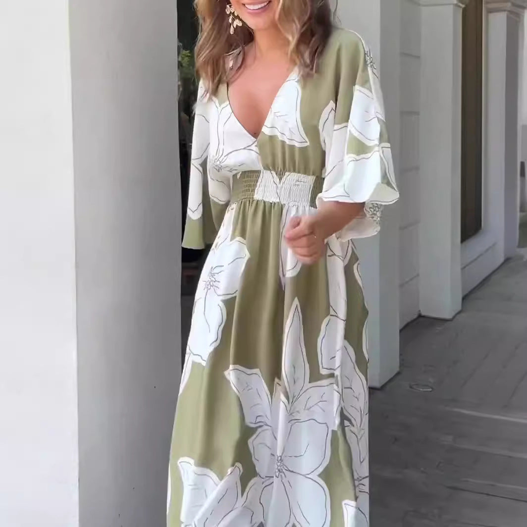 Flower Printed V-neck Batwing-sleeved Dress Fashion Elegant Backless Long Dresses Women's Garments Apparel / Clothing