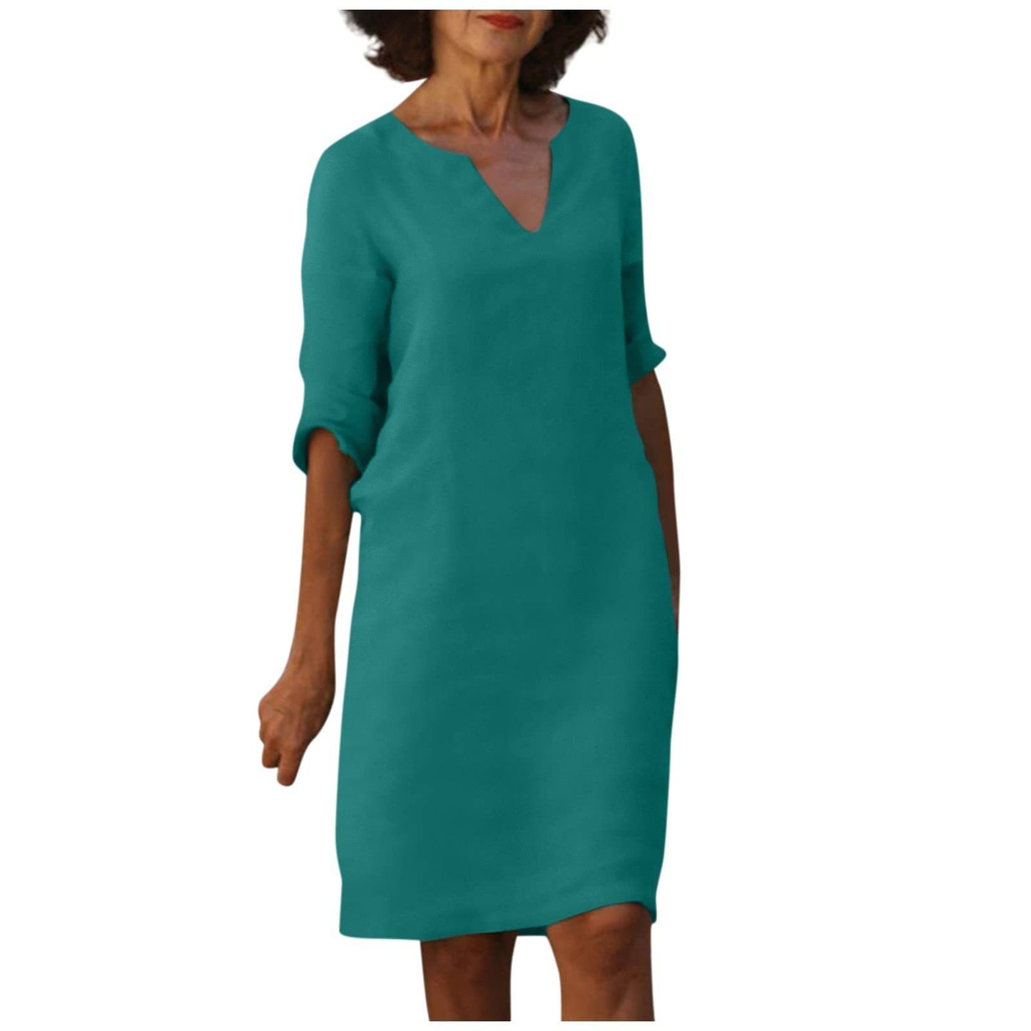 Cotton And Linen V-neck Dress Summer Stitching Retro High Waist Pure Color Dresses Women's Garments Apparel / Clothing