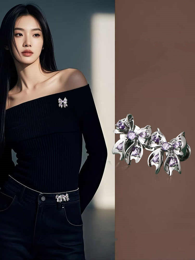 Purple Crystal Bow Waist Brooch Dual-use Belt Buckle