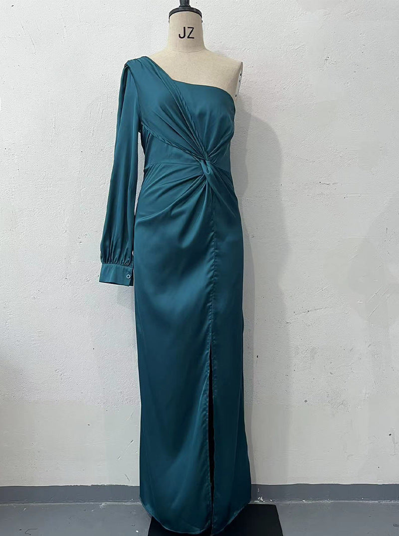 Women's One-shoulder Split Dress Ins Fashion Long-sleeved Slim Long Dresses Party Evening Women's Garments Apparel / Clothing